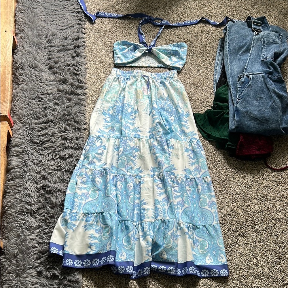 Blue and White Halter Maxi Dress set